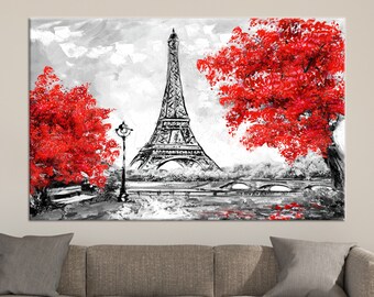 May include: A black and white painting of the Eiffel Tower in Paris, France. The tower is in the center of the image, with two red trees on either side. The sky is gray and cloudy.