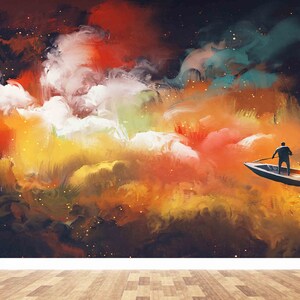 Cloudy Wall Paper,Paper Wall ArtWall Paper Peel and Stick,Bright Wall Paper,Boat Wall Art,Man On Boat Wall Poster,