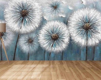 May include: A blue and white abstract painting featuring multiple dandelion flowers with white fluffy seeds. The painting is displayed on a wall with a wooden floor in the foreground.