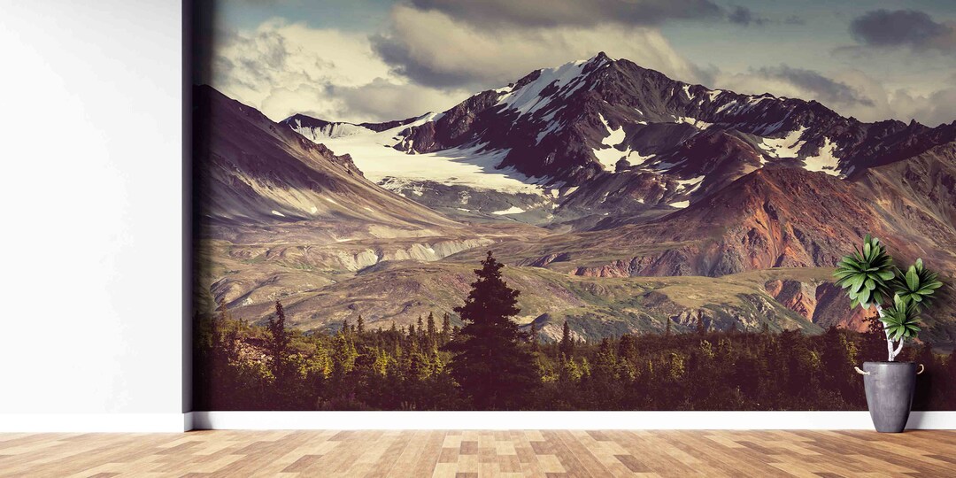 Snowy Mountain Landscape Wallpaper: Peel and Stick Mural - Etsy