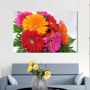 Decoración de pared rosa, arte en lienzo con flores de gerbera de colores, regalo de lienzo floral, póster naranja, arte de pared bohemio, arte de decoración navideña,