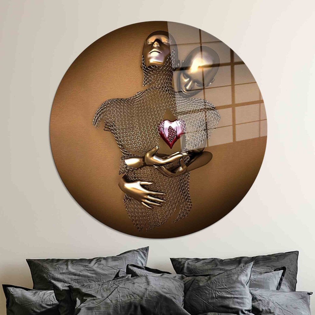 Glass Wall Decor, Wall Art, Glass Wall Art, Metallic Couple With Heart ...