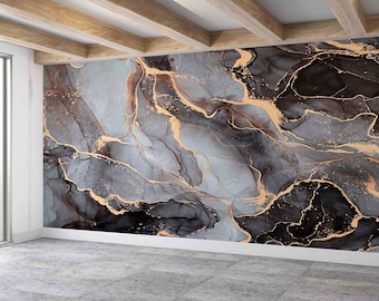 Gray Marble Wallpaper: Modern Black and Gold Wall Art, Peel and Stick