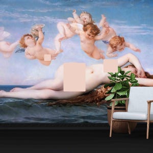 Puede incluir: Una pintura de una mujer acostada sobre una ola con querubines volando sobre ella. La mujer tiene el pelo largo y suelto y está desnuda. Los querubines están todos desnudos y tienen alas. La pintura está ambientada en un cielo azul con nubes blancas.