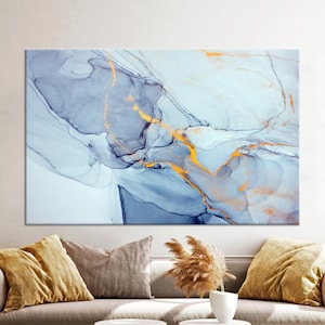 Canvas Wall Art, Canvas Print, 3D Wall Art, Blue Tones Marble, Gold Marble Canvas Art, Shimmery Canvas Poster,