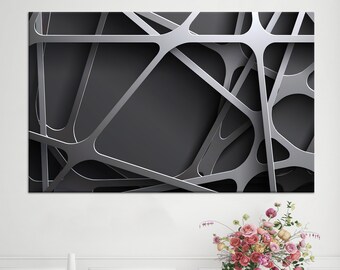 May include: Abstract geometric art print featuring a silver metallic web design on a dark gray background.