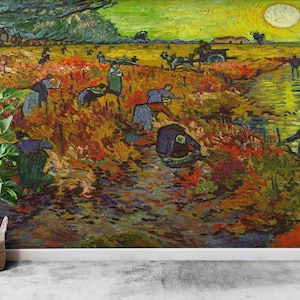 Papel de pared personalizado, arte de pared de papel, impresión de pintura al óleo, papel de pared Peel and Stick, The Red Vineyard 1888, famoso póster de pared,