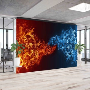 3D Wandbild, Feuer Vs Wasser Krieg Wandbild, Tapete schälen und aufkleben, helles Wandbild, Hitze und Kälte Wandbild, Wandbild Rot Vs Blau,