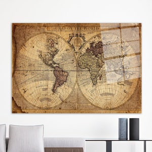 Glas-Wand-Dekor,Wandbild Kunst,Glas Wandkunst,Alte Weltkarte,Vintage Glas Wandkunst,Karte Glas Wandkunst,Vintage Karte Glas,