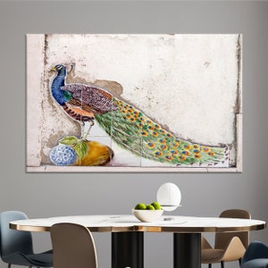 Peacock Mosaic Canvas Art: Old Plaster Wall Decor