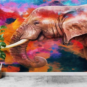 Stampa murale astratta,Carta da parati personalizzata,Carta da parati moderna,Elephant Wall Mural,Stampa murale colorata,Paper Wall ArtAnimal Wall Painting,