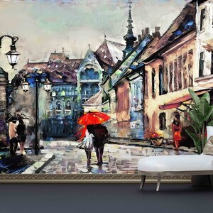 Modern Wall Paper,Lovers Under The Red Umbrella,Paper Wall ArtBright Wall Paper,Landscape Wall Print,