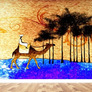 Carta da parati stacca e incolla, pittura di cammello, arte della parete con carta Carta da parati moderna, carta da parati con paesaggio africano, carta da parati con paesaggio desertico,