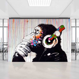 Banksy Monkey Wallpaper, Bright Wall Paper, Banksy Thinking Monkey, Custom Wall Paper, Paper Wall Art Animal Wall Paper,