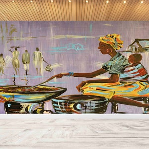 Carta da parati 3D, Carta da parati personalizzata, Carta da parati luminosa, Cucina madre africana, Murale etnico, Decorazione da parete per cucina donna africana,