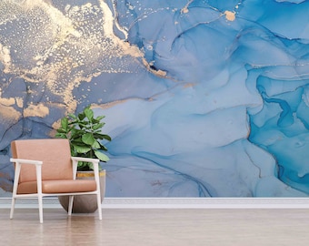 Papel pintado abstracto de mármol azul: autoadhesivo, decoración de pared 3D personalizada