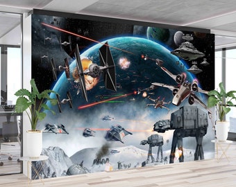 Ruimte muurschildering, Star Wars Space Battle, 3d behang, behang Peel en Stick, aangepast behang, abstracte ruimte muur muurschildering,