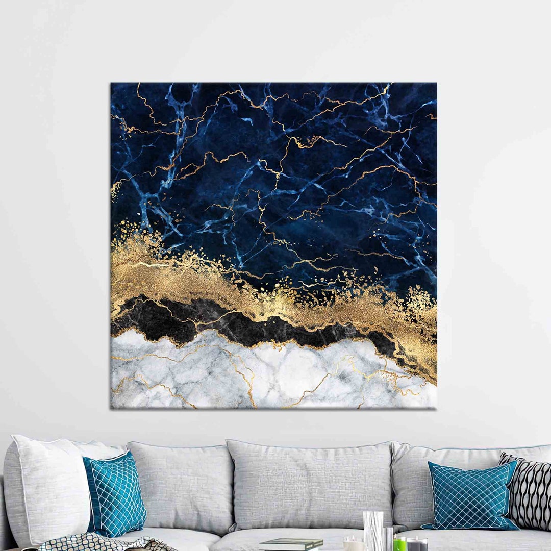 Navy Blue and Gold Abstract Canvas Art: Living Room Wall Decor - Etsy