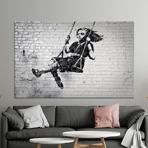 Banksy Girl on Swing Canvas Art: Graffiti Wall Decor