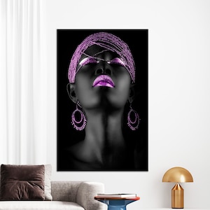 Impresión de lienzo, arte de pared, decoración de lienzo, lienzo de lujo, arte de pared púrpura y negro, decoración de lienzo de niña africana, cartel de lienzo de mujer africana,