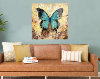 Blue Butterfly Tempered Glass Wall Art: Modern Animal Decor
