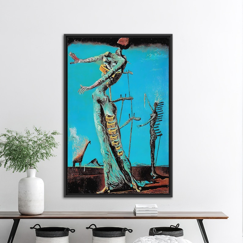 Impresión en lienzo de Salvador Dalí: La jirafa en llamas, famosa obra de arte mural Black Framed