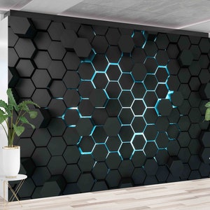 Modern Wallpaper, 3d Effect Black Geometric Shapes Wal Art, Paper Wall Art, Bright Wall Paper, Custom Wall Paper, Contemporary Mural,