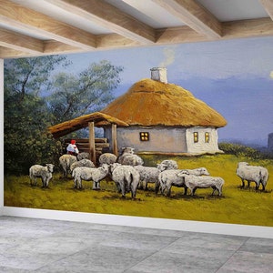 Paper Wall ArtModern Wall Paper,Animal Landscape Wall Painting,Custom Wall Paper,Village Landscape,Village View Wall Decor,