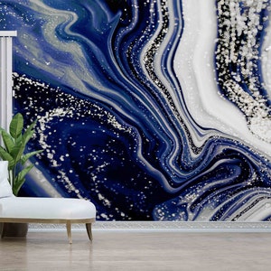 Carta da parati personalizzata,Arte moderna delle pareti in marmo,Dipinto murale in marmo blu navy,Arte delle pareti in cartaCarta da parati luminosa,Carta da parati in marmo blu,