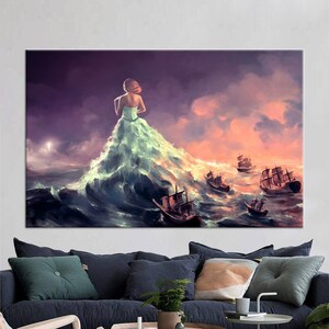 Surrealist Sea Canvas Print: 3D Woman & Ships