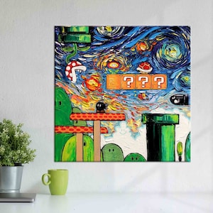Lienzo de arte de pared, lienzo, arte de pared de lienzo, Mario World Van Gogh, lienzo 3D moderno, cartel abstracto, sala de juegos impresa,
