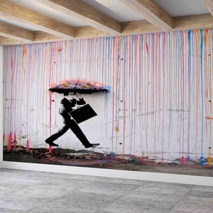 3d Tapete,Regenschirm Wallpaper,Unter dem Regen Wandbild,Moderne Tapete,Papier Wandkunst,Farben Regen Wand Papier,