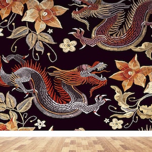 Decorazione da parete con drago cinese, arte da parete in cartaCarta da parati personalizzata, carta da parati 3D, arte da parete con mito drago, pittura murale moderna,