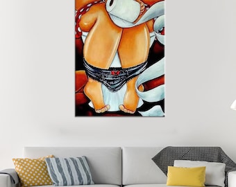 Lienzo de chica en el baño: decoración humorística para la pared del baño