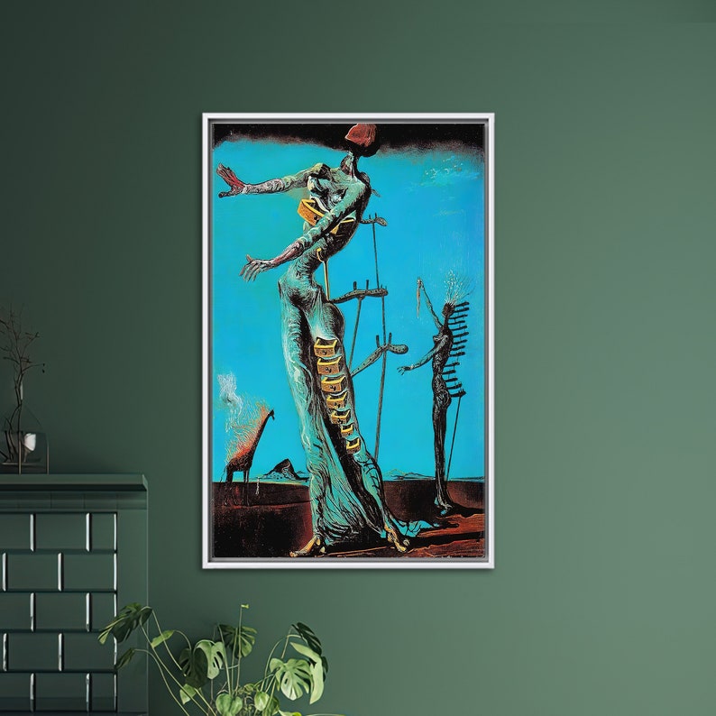 Impresión en lienzo de Salvador Dalí: La jirafa en llamas, famosa obra de arte mural White Framed