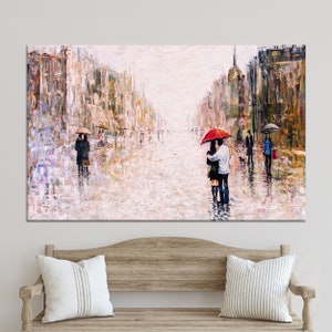 Large Canvas, Canvas Wall Art, 3D Canvas, Couple With Red Umbrella, City Landscape Canvas, Valentines Gift Art, Lovers Canvas Gift,