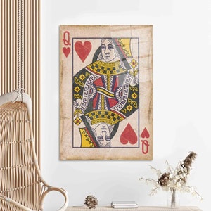 Decoración de pared de vidrio, Impresión de vidrio, Decoración de pared, Impresión de vidrio de naipes Reina de corazones, Arte de pared de vidrio de naipes,