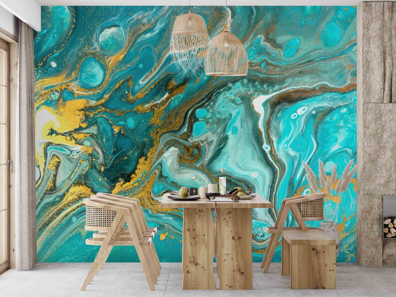 Blue and Gold Marble Wallpaper: Modern Wall Decor - Etsy