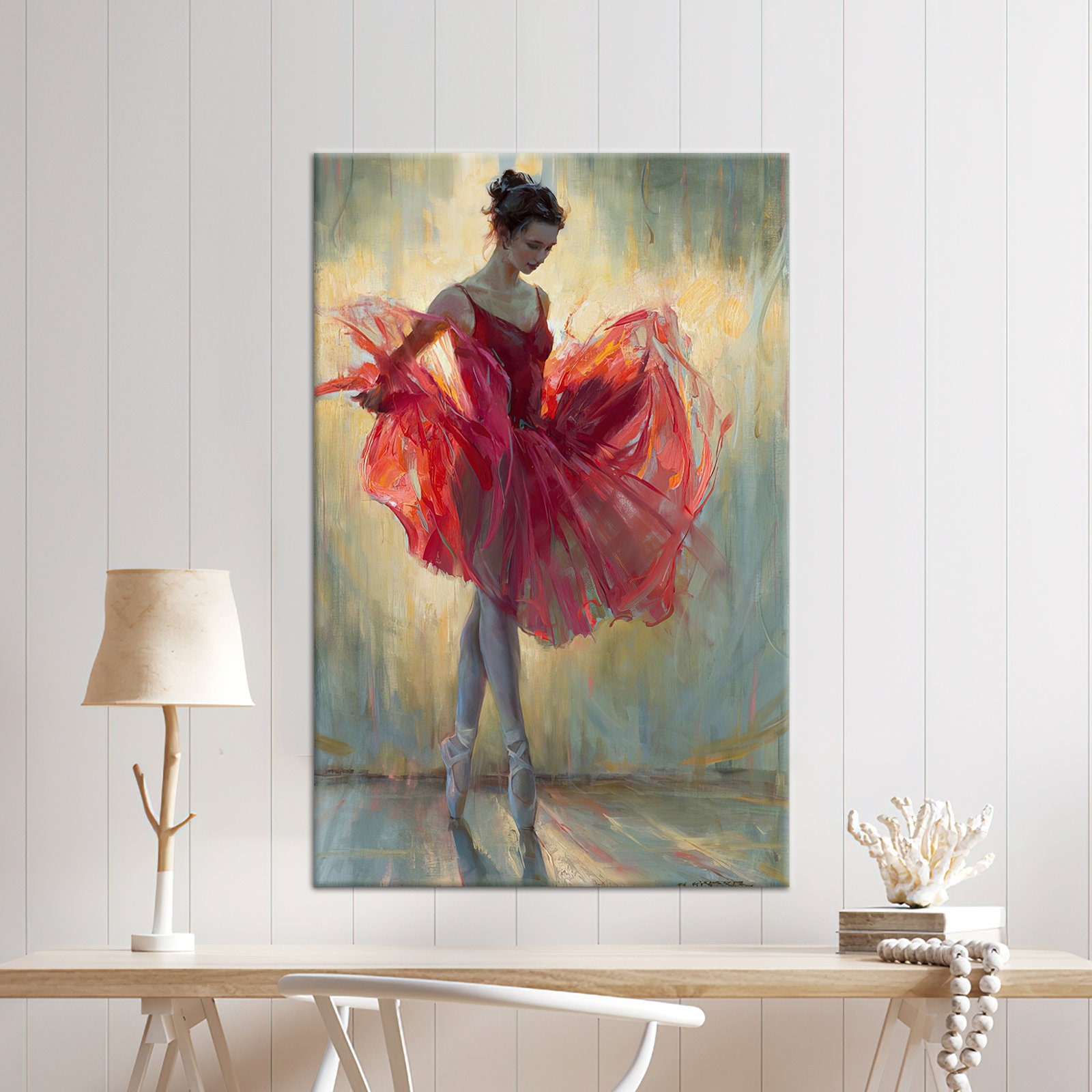 Ballerina Canvas Art: Woman in Red Dress Painting Print