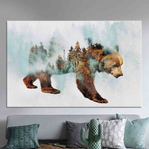 Oso caminando en arte de pared de nieve, arte de bosque abstracto, lienzo de oso, mesa grande, regalo personalizado, cartel colgante de pared, lienzo 3D, arte de moda,
