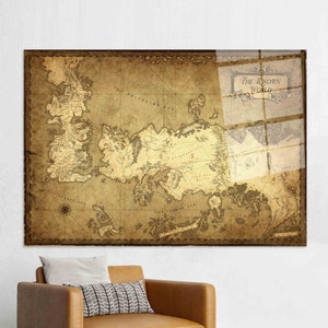 Arte de parede de mapa de jogo, decoração de parede de mapa, decoração de arte de mapa, arte de parede marrom, vidro temperado, vidro 3D, presente para ele, arte de decoração para casa, mapa da Terra Média,