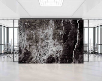 May include: A modern office interior with a large wall mural featuring a dark gray and white abstract marble pattern. The wall is in the center of the room, with glass doors on either side leading to other rooms.