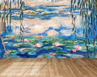 Könnte beinhalten: Ein Gemälde eines Teichs mit Seerosen und Trauerweiden. Das Wasser ist blau und die Seerosen sind rosa. Der Himmel ist hellblau mit weißen Wolken. Das Gemälde ist signiert mit "Claude Monet".