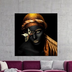 Canvas Art, Wall Art, Canvas Wall Art, African Woman With Gold Butterfly, Black Woman 3D Canvas, African Canvas, Shimmery Canvas Poster,