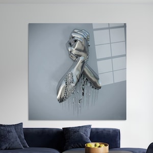 Vidrio templado, Decoración de pared, Vidrio, Mano de plata 3D, Arte de vidrio contemporáneo, Decoración de pared metálica plateada 3D, Vidrio templado con efecto 3D,