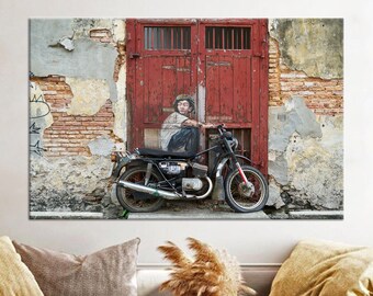 Large Wall Art, Wall Art Canvas, 3D Canvas, Children On Bicycle Canvas Art, Modern Canvas Decor, Graffiti Poster,