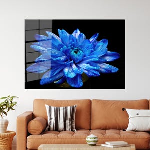 Blue Flower Tempered Glass Wall Art: Modern Floral Decor