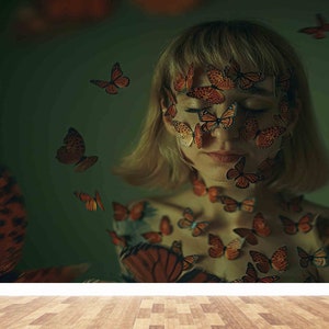 Papel de pared 3d, papel de pared Peel and Stick, papel de pared moderno, chica con mariposas, cartel de pared surrealista, cartel de pared surrealista,