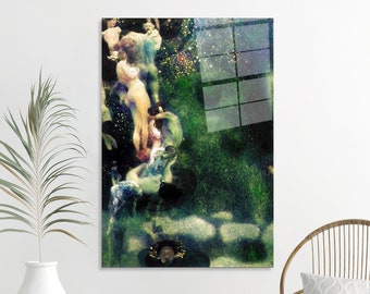 May include: A painting of a group of people dancing in a green and blue space. The figures are partially obscured by a swirling, abstract background. The painting has a dreamlike quality.