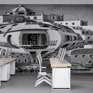 May include: An office space featuring a black and white mural of a distorted cityscape. The room includes white desks with computer monitors, white chairs, and a potted plant. The floor is gray, and a glass wall is visible.